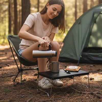 femme verse eau dans cafe sur table pliante de camping