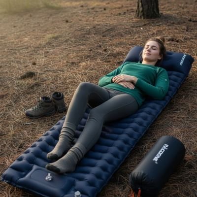 Matelas gonflable 1 personne bleu femme couché