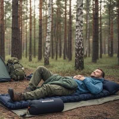 Matelas gonflable 1 personne bleu homme couché