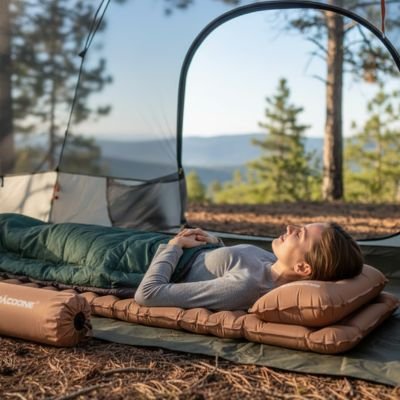 Matelas gonflable 1 personne  marron femme couché dans une tente